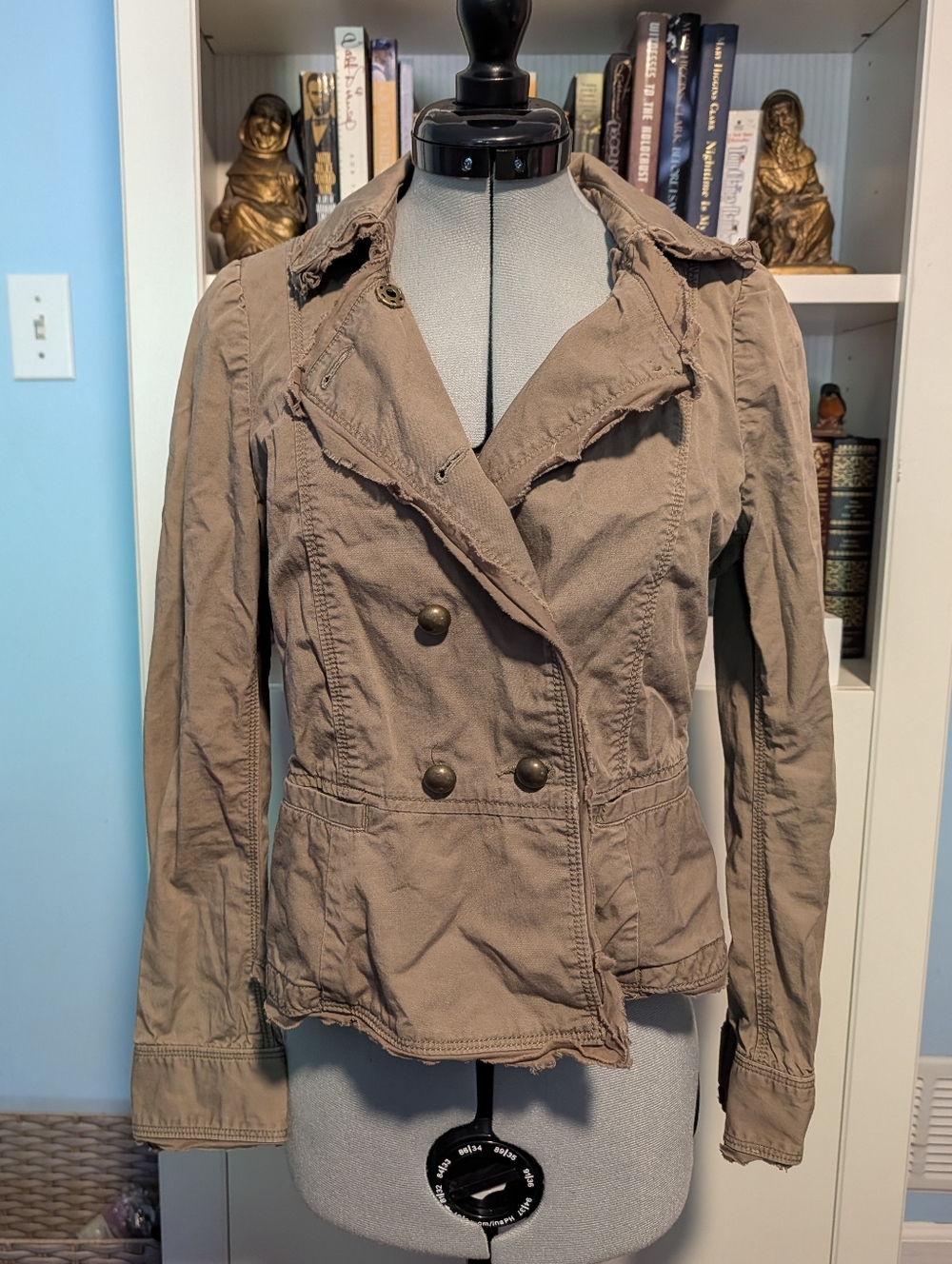 LOFT Taupe Double-Breasted Distressed Trench Jacket